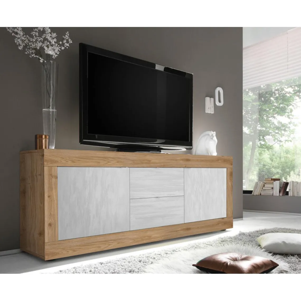 3S. x Home Meuble TV 2 portes et 2 tiroirs BASIC décor marbre blanc Online