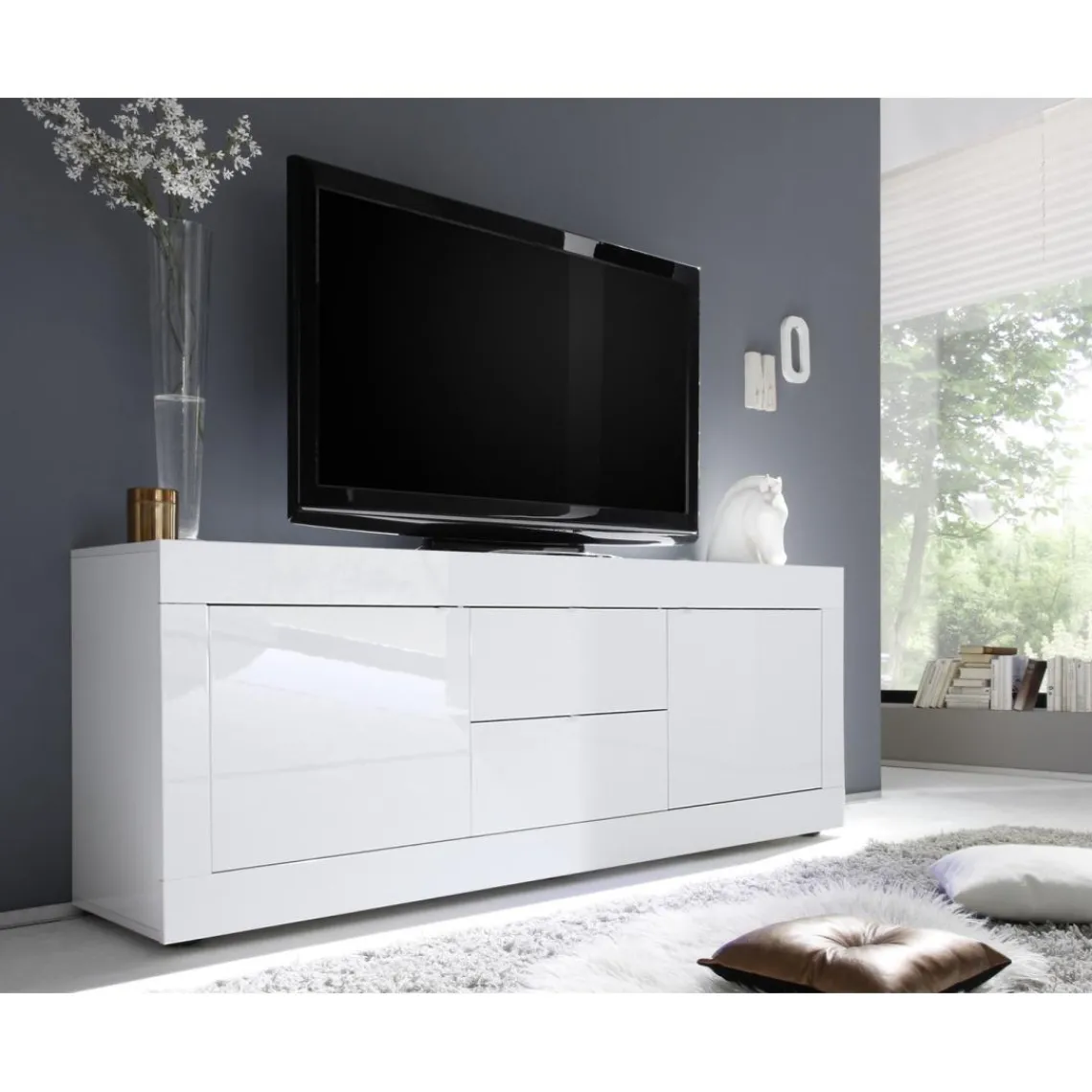 3S. x Home Meuble TV 2 portes et 2 tiroirs BASIC décor marbre blanc Online