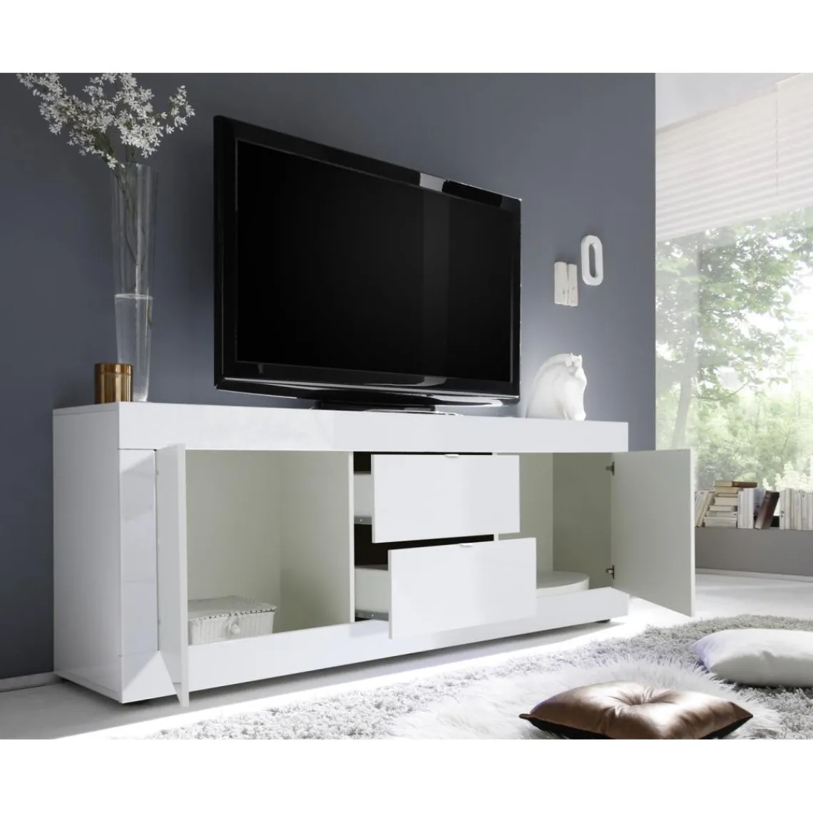 3S. x Home Meuble TV 2 portes et 2 tiroirs BASIC décor marbre blanc Online