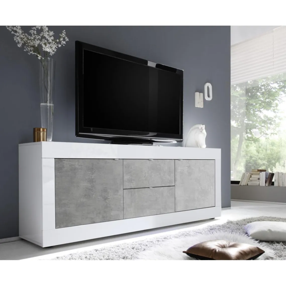 3S. x Home Meuble TV 2 portes et 2 tiroirs BASIC blanc et décor beton Best