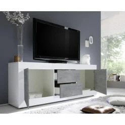 3S. x Home Meuble TV 2 portes et 2 tiroirs BASIC blanc et décor beton Best