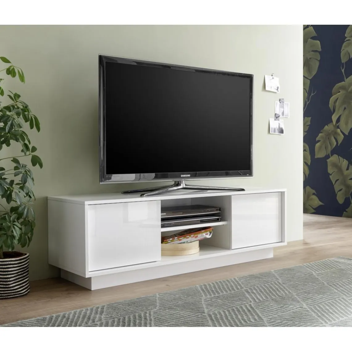 3S. x Home Meuble TV 2 portes ICE laqué blanc brillant New