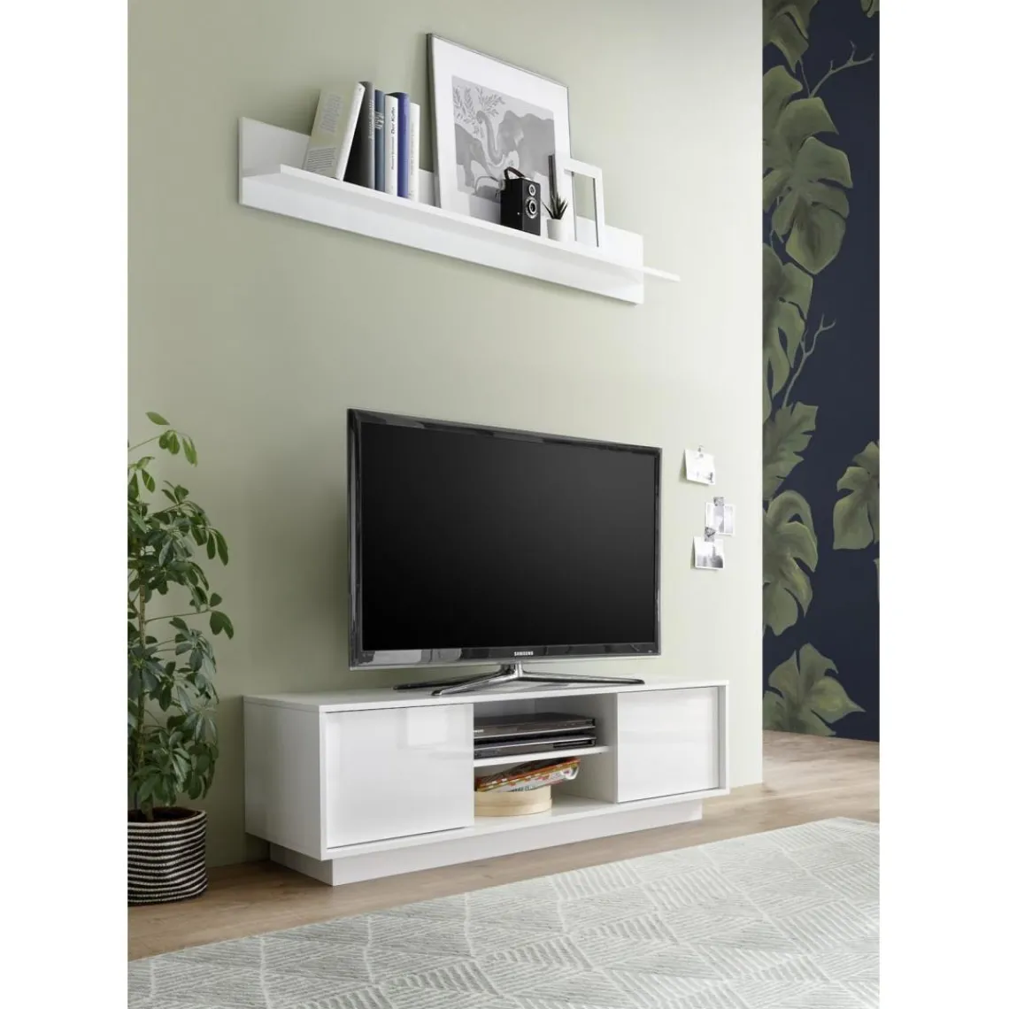 3S. x Home Meuble TV 2 portes ICE laqué blanc brillant New