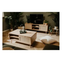 Calicosy Meuble TV 2 portes Impression Rotin BALI Beige New