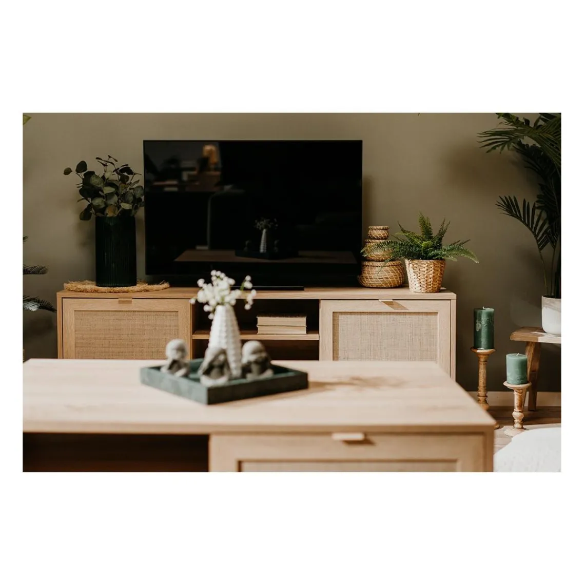 Calicosy Meuble TV 2 portes Impression Rotin BALI Beige New