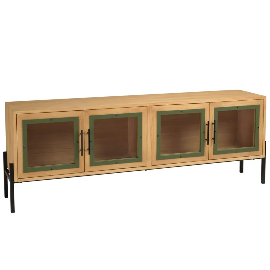 Macabane Meuble TV 4 portes vitrées encadrement vert pin et métal noir HELENA Clearance