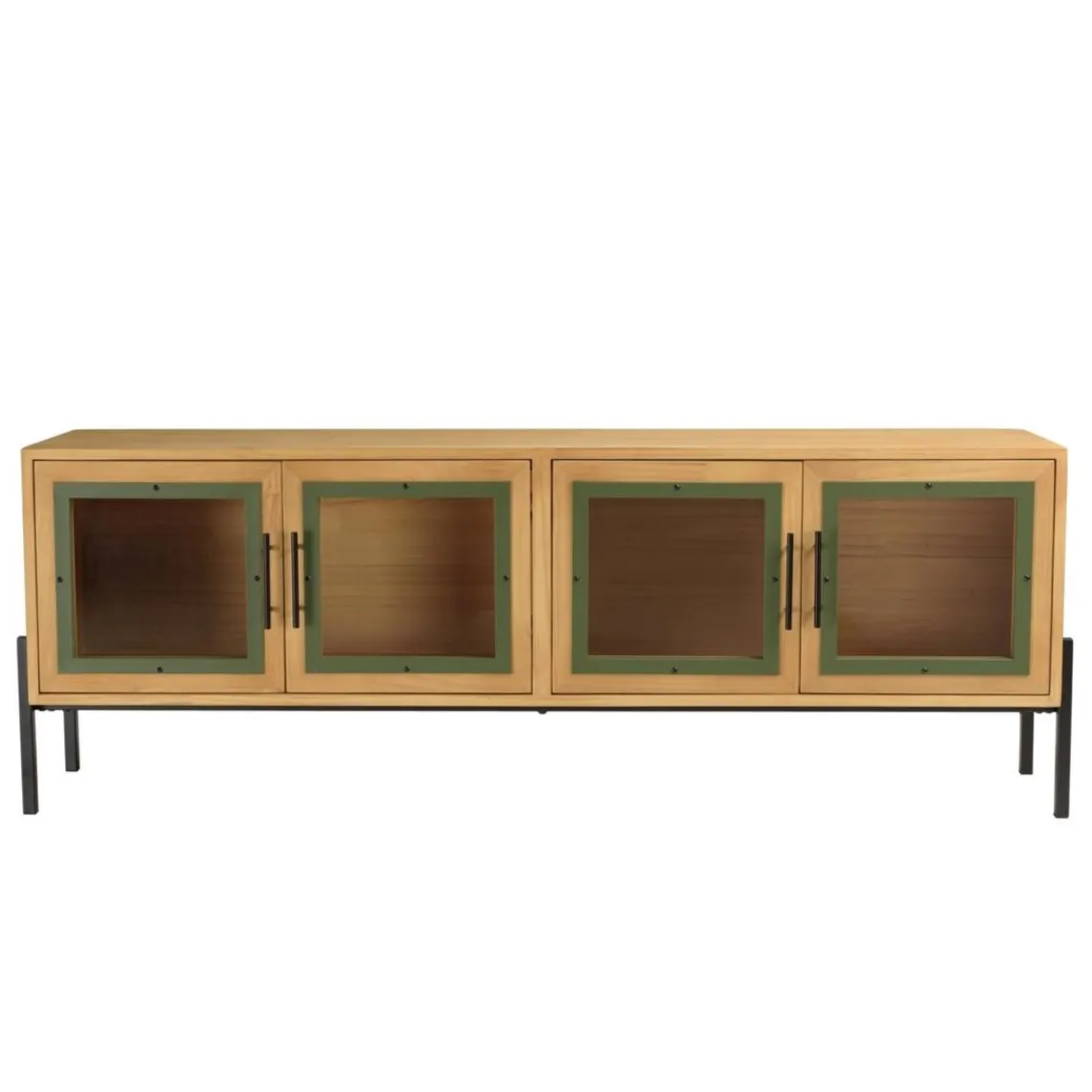 Macabane Meuble TV 4 portes vitrées encadrement vert pin et métal noir HELENA Clearance