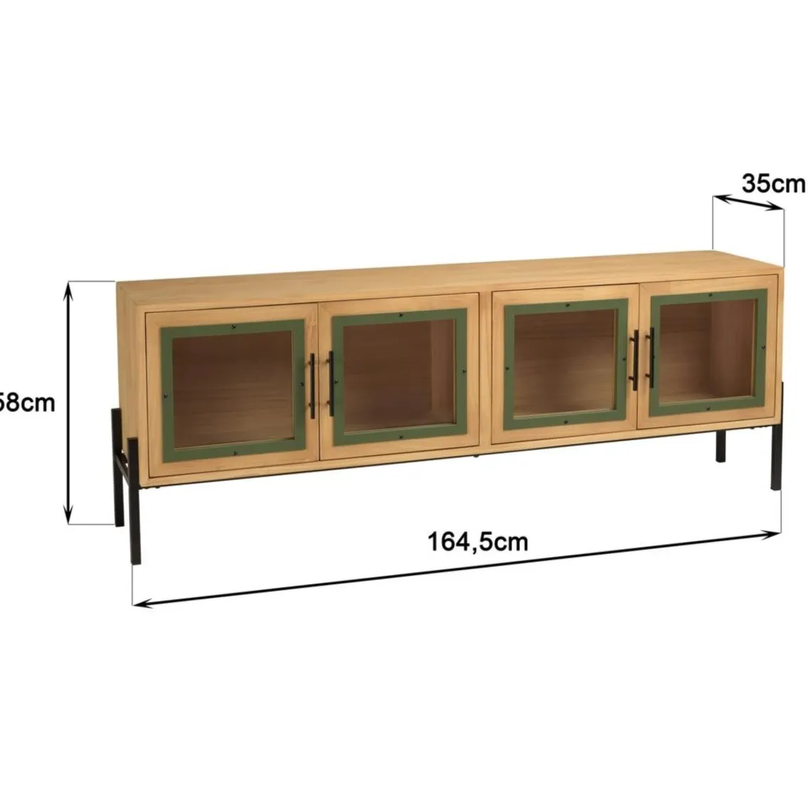 Macabane Meuble TV 4 portes vitrées encadrement vert pin et métal noir HELENA Clearance