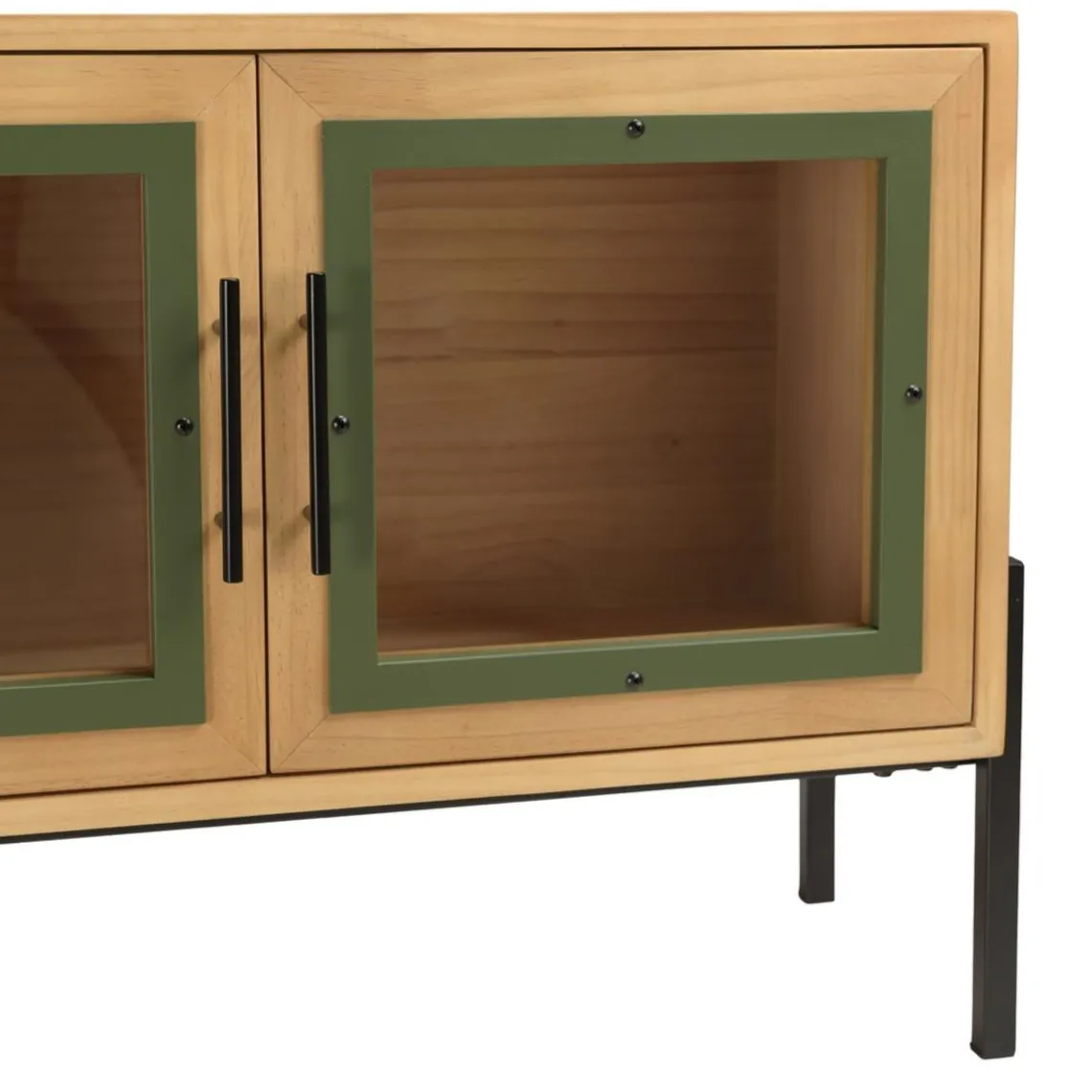 Macabane Meuble TV 4 portes vitrées encadrement vert pin et métal noir HELENA Clearance