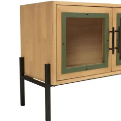 Macabane Meuble TV 4 portes vitrées encadrement vert pin et métal noir HELENA Clearance