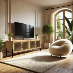 Macabane Meuble TV 4 portes vitrées encadrement vert pin et métal noir HELENA Clearance