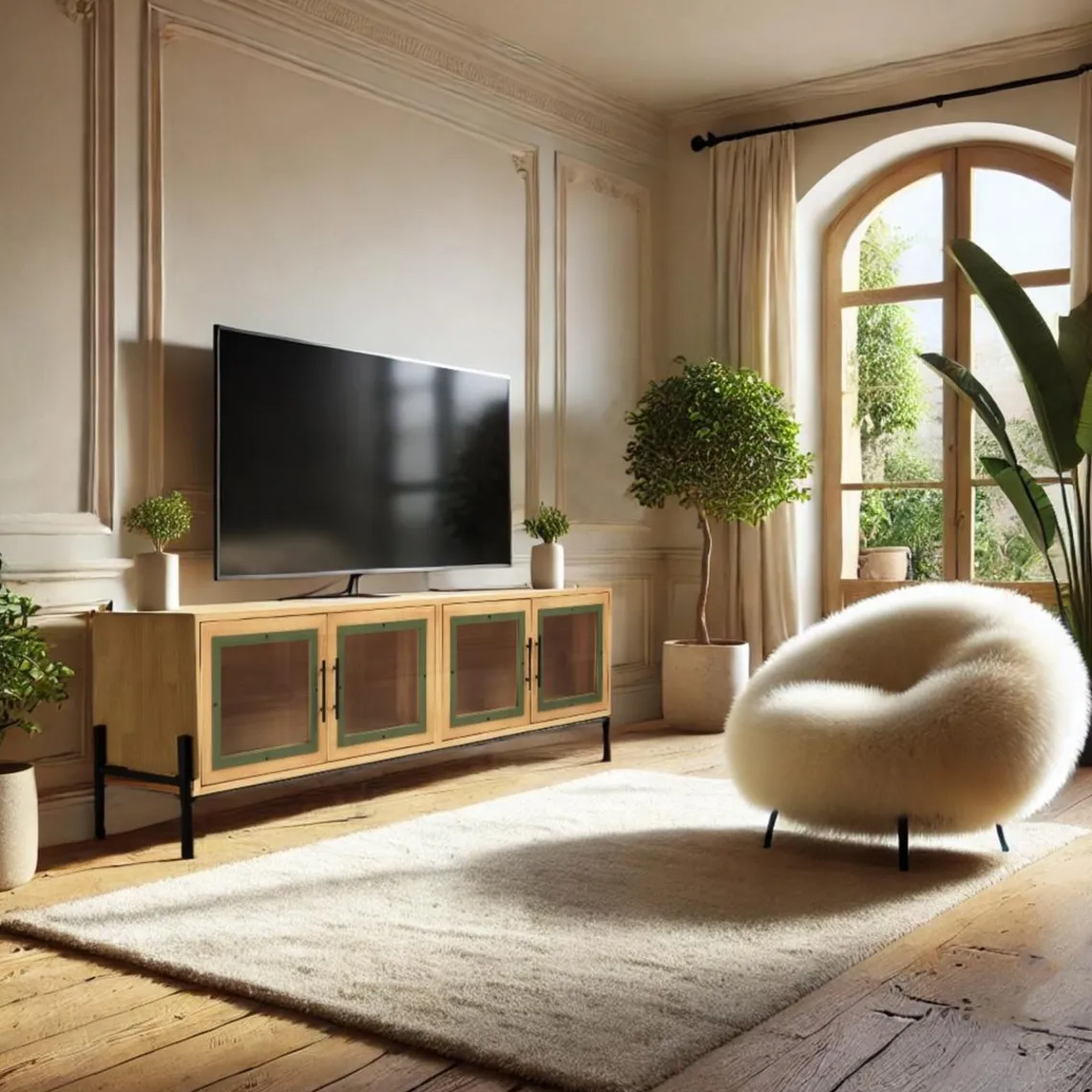 Macabane Meuble TV 4 portes vitrées encadrement vert pin et métal noir HELENA Clearance