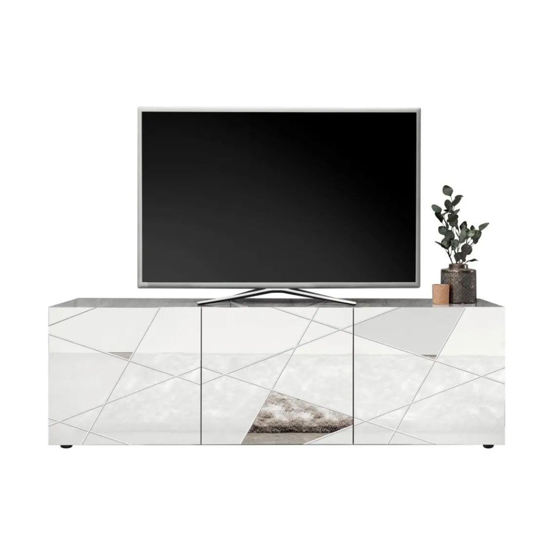 3S. x Home Meuble TV 3 portes VITTORIA blanc laqué avec sérigraphie Sale