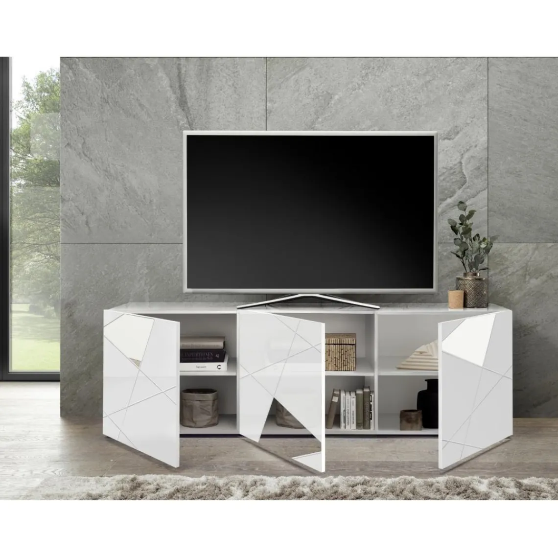 3S. x Home Meuble TV 3 portes VITTORIA blanc laqué avec sérigraphie Sale