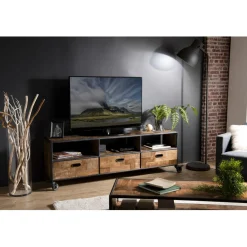 Macabane Meuble TV À Roulettes ALIDA 3 Tiroirs 3 Niches Bois Teck Recyclé Et Métal Sale