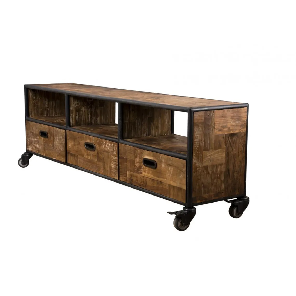 Macabane Meuble TV À Roulettes ALIDA 3 Tiroirs 3 Niches Bois Teck Recyclé Et Métal Sale