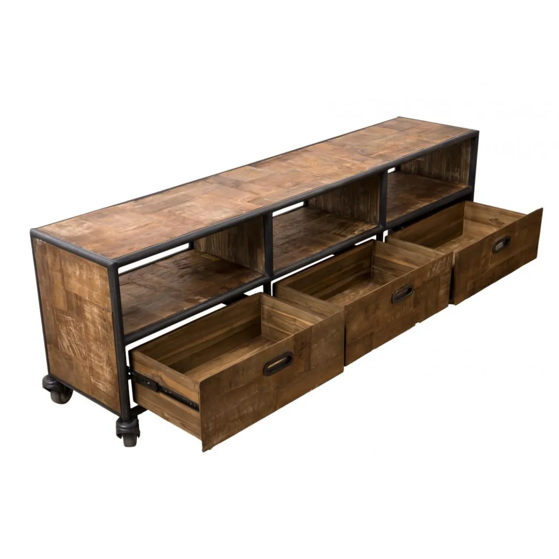 Macabane Meuble TV À Roulettes ALIDA 3 Tiroirs 3 Niches Bois Teck Recyclé Et Métal Sale