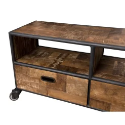 Macabane Meuble TV À Roulettes ALIDA 3 Tiroirs 3 Niches Bois Teck Recyclé Et Métal Sale