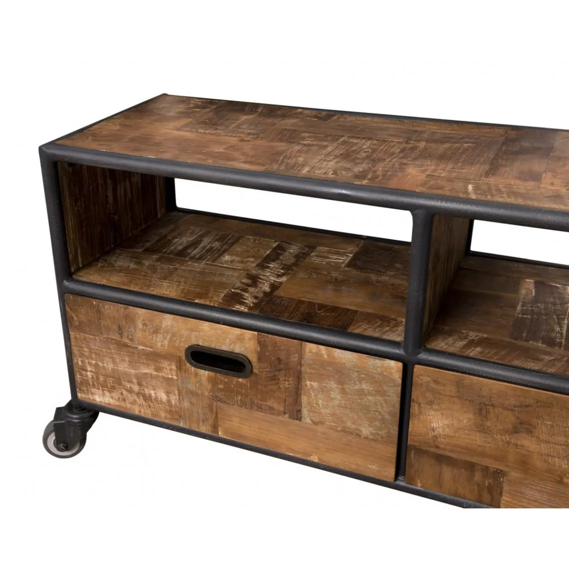 Macabane Meuble TV À Roulettes ALIDA 3 Tiroirs 3 Niches Bois Teck Recyclé Et Métal Sale