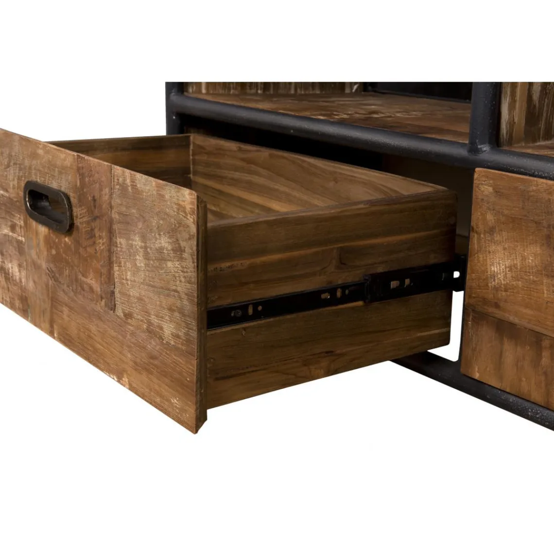 Macabane Meuble TV À Roulettes ALIDA 3 Tiroirs 3 Niches Bois Teck Recyclé Et Métal Sale