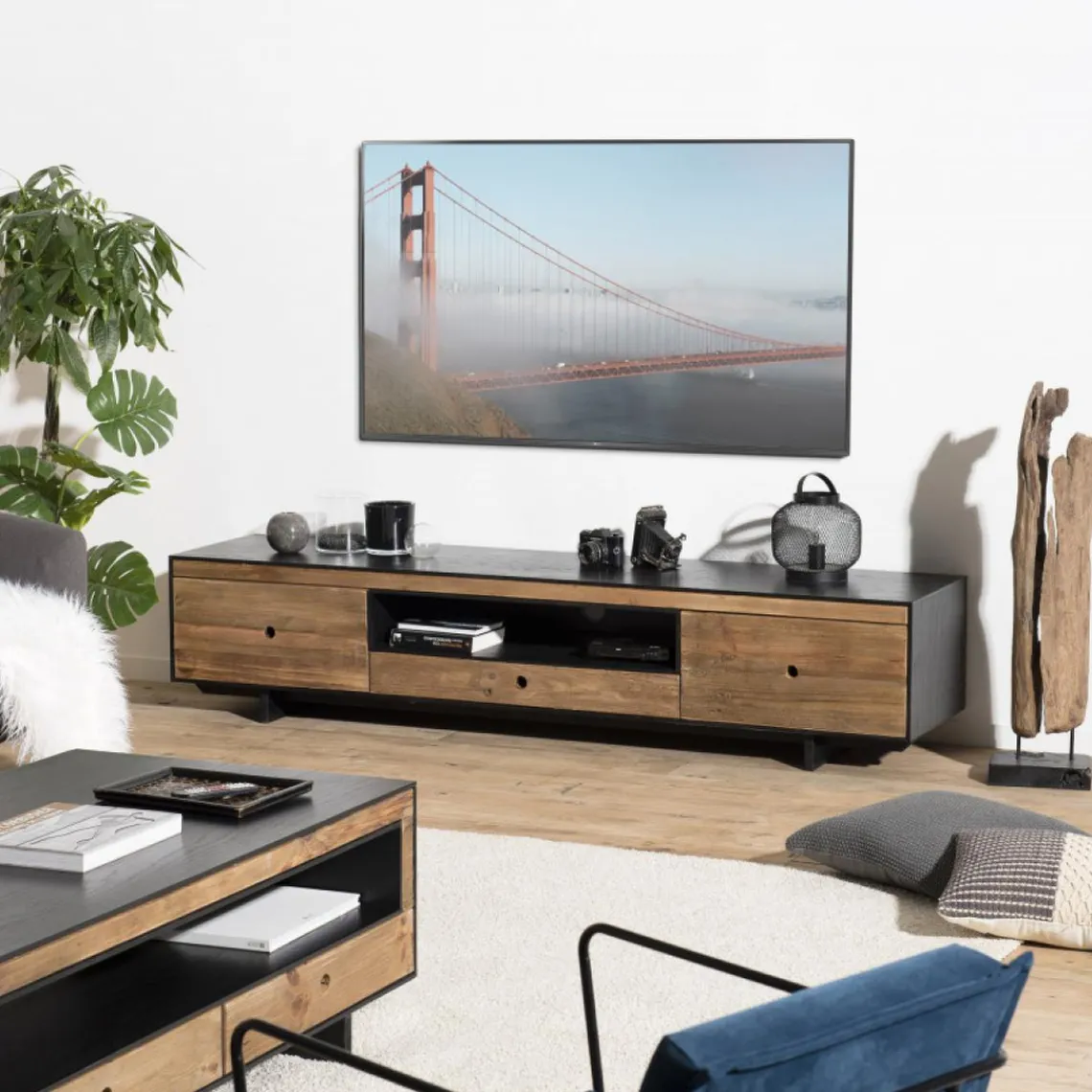 Macabane Meuble TV 3 tiroirs 1 niche Pin recyclé DANIDO Clearance