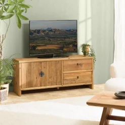 Macabane Meuble TV 2 tiroirs 2 portes bois pin recyclé SANDY Clearance