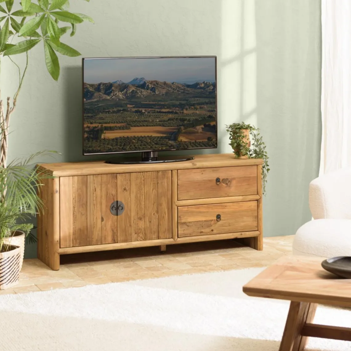 Macabane Meuble TV 2 tiroirs 2 portes bois pin recyclé SANDY Clearance