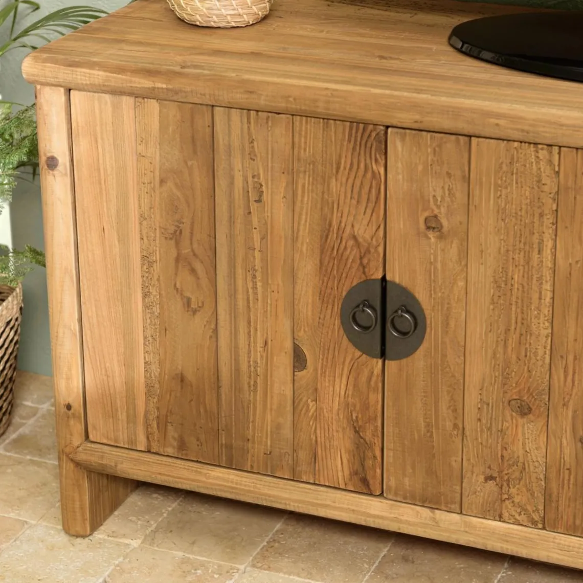 Macabane Meuble TV 2 tiroirs 2 portes bois pin recyclé SANDY Clearance