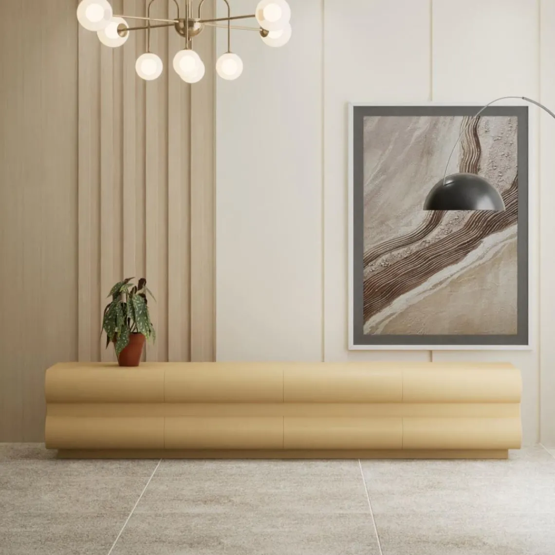 3S. x Home Meuble tv 8 tiroirs arrondis Mezade Bois Beige