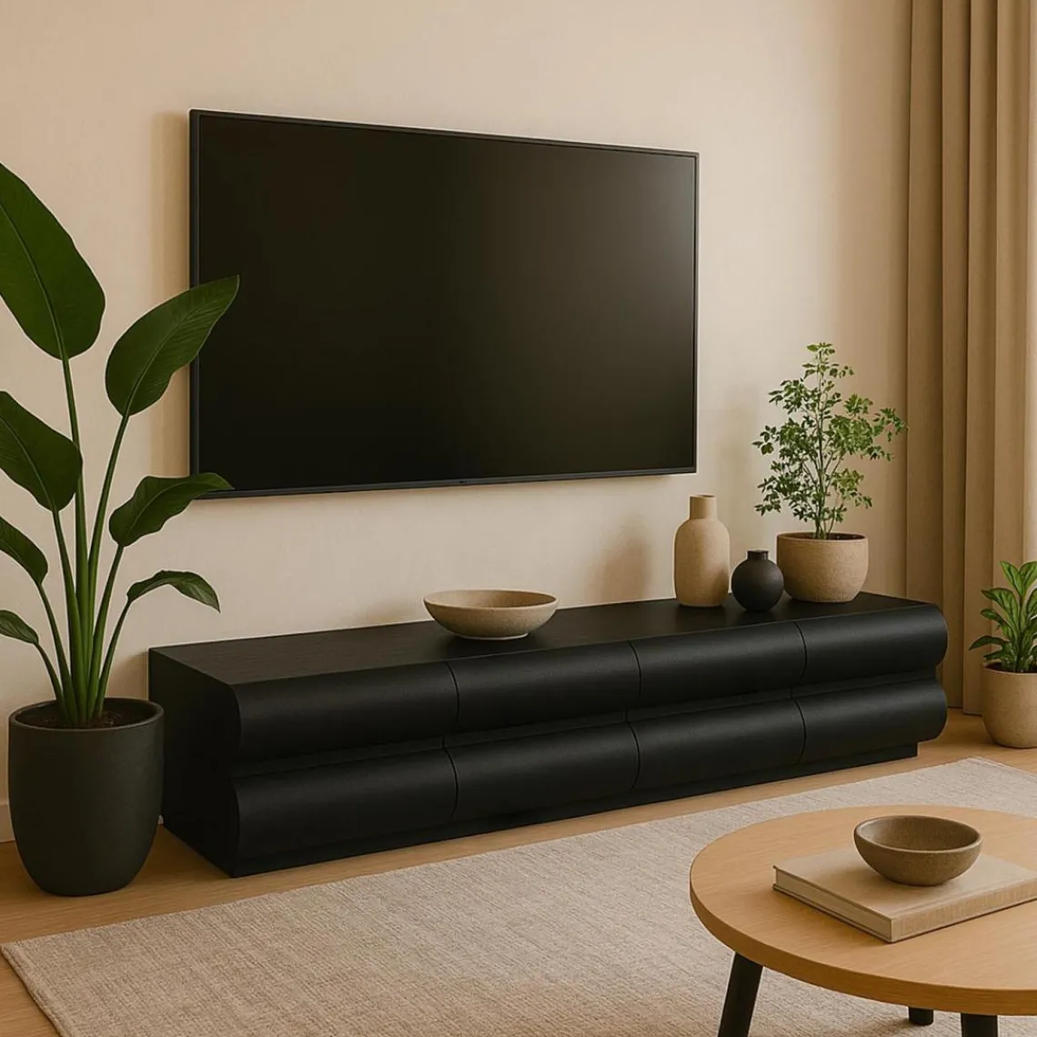 3S. x Home Meuble tv 8 tiroirs arrondis Mezade Bois Noir Outlet