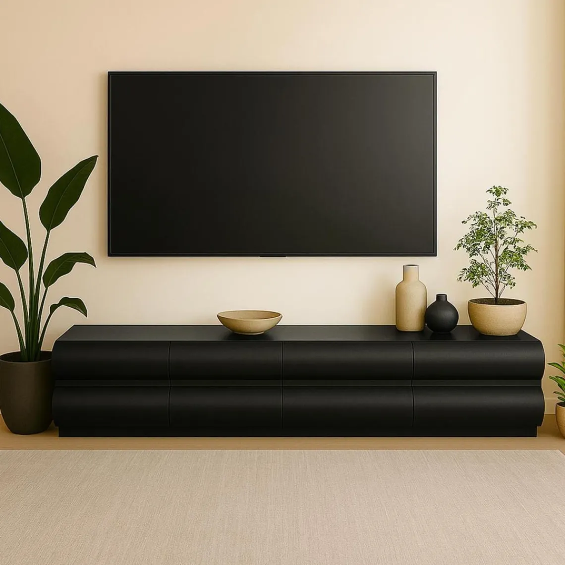 3S. x Home Meuble tv 8 tiroirs arrondis Mezade Bois Noir Outlet