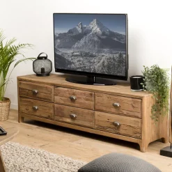 Macabane Meuble TV ANDRIAN 6 Tiroirs Bois Pin Recyclé New