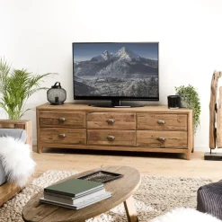 Macabane Meuble TV ANDRIAN 6 Tiroirs Bois Pin Recyclé New