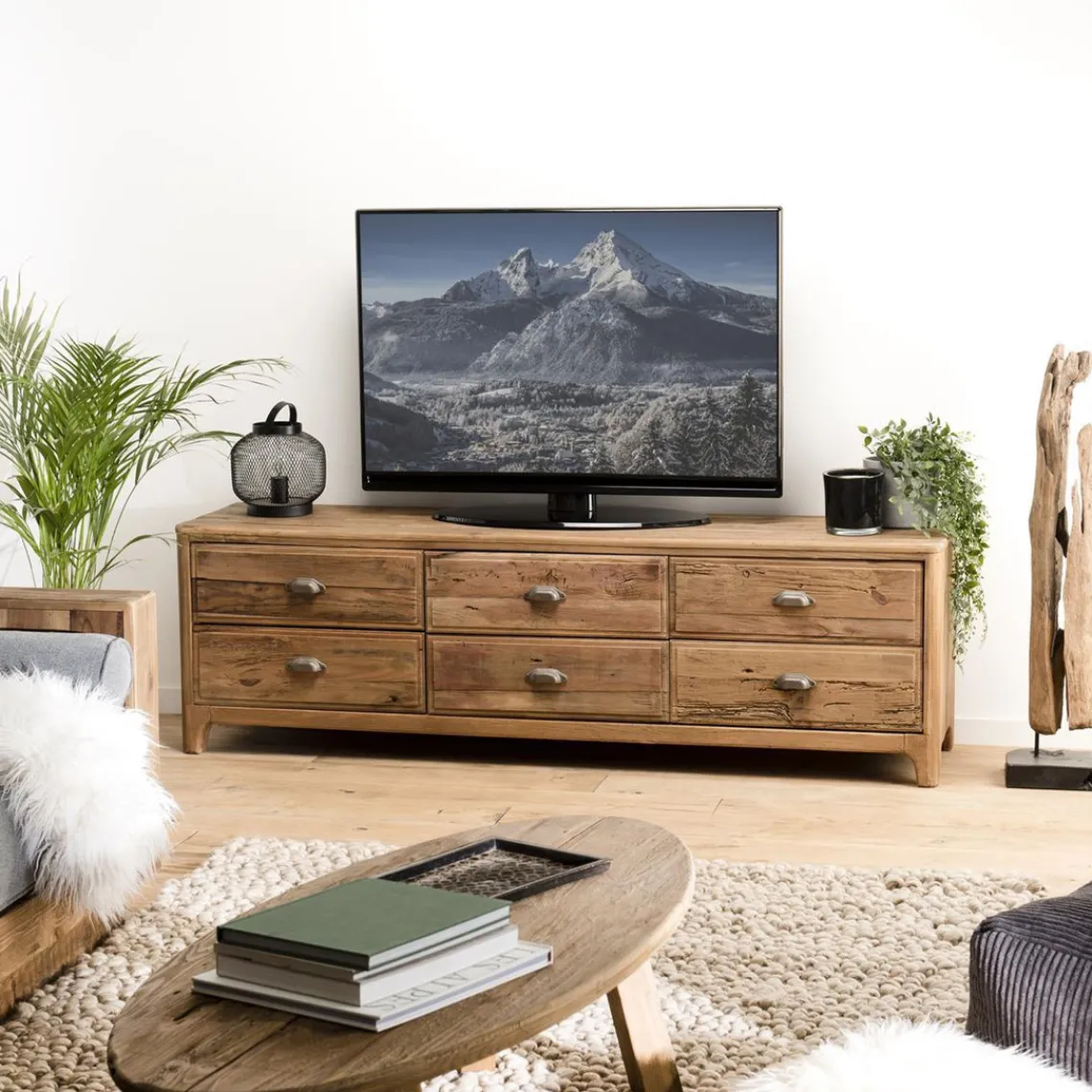 Macabane Meuble TV ANDRIAN 6 Tiroirs Bois Pin Recyclé New