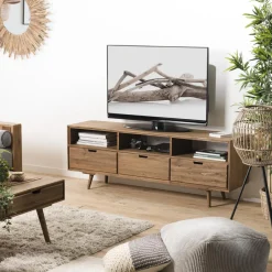 Macabane Meuble Tv ANDY Scandi Bois 3 Tiroirs 3 Niches Sapin Outlet