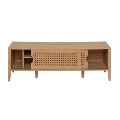 Calicosy Meuble TV avec 2 Portes Coulissantes Décor Rotin en bois Beige