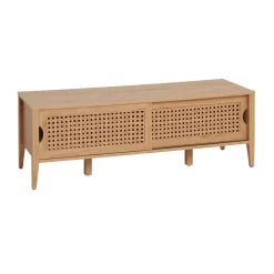 Calicosy Meuble TV avec 2 Portes Coulissantes Décor Rotin en bois Beige