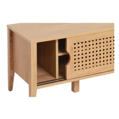 Calicosy Meuble TV avec 2 Portes Coulissantes Décor Rotin en bois Beige