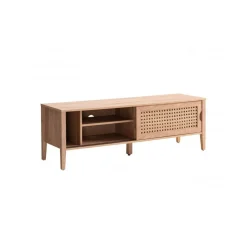 Calicosy Meuble TV avec 2 Portes Coulissantes Décor Rotin en bois Beige
