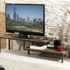 Macabane Meuble TV avec 2 tablettes en teck recyclé et pieds en métal Online