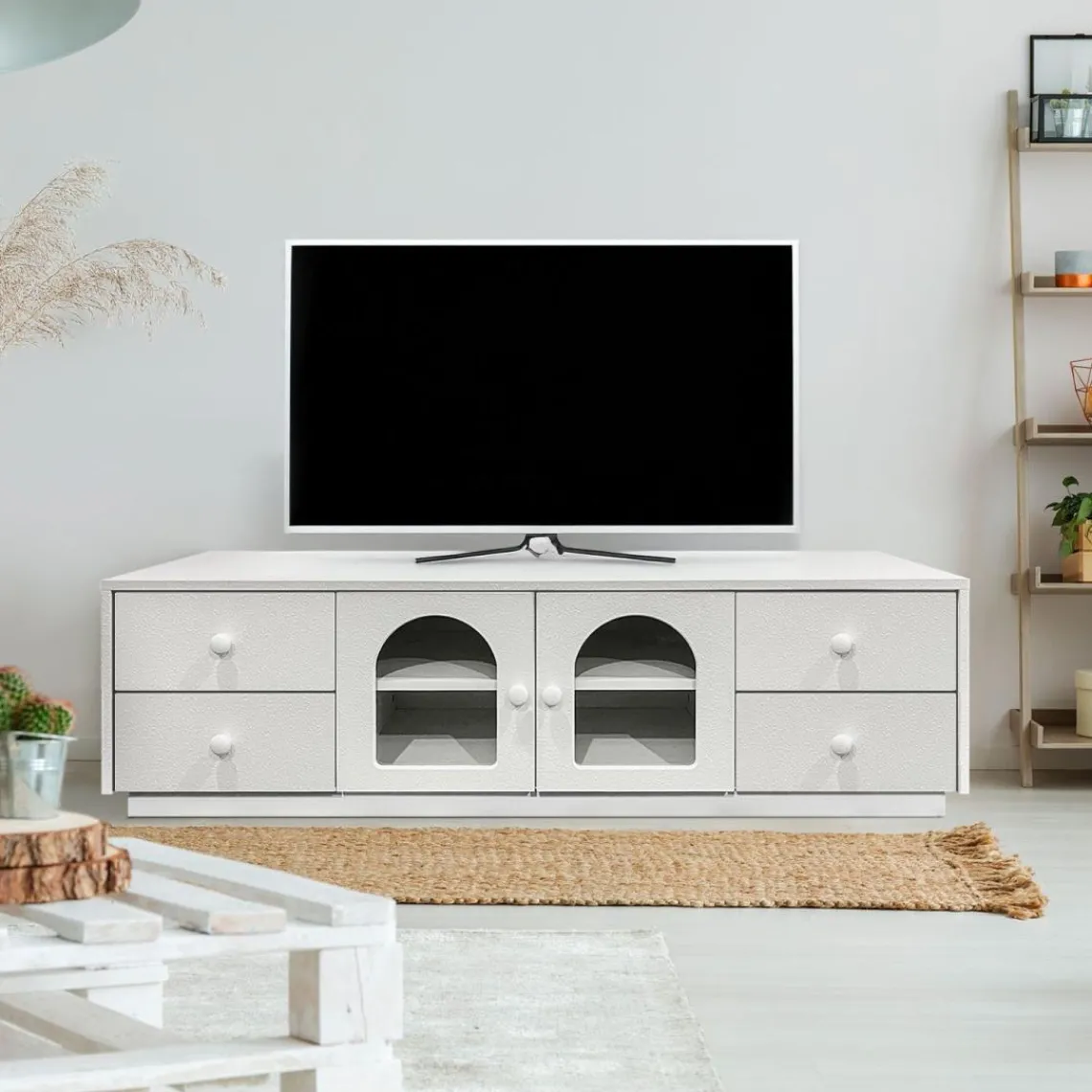 3S. x Home Meuble tv avec portes et tiroirs style naturel chic Volos Blanc texturé Discount