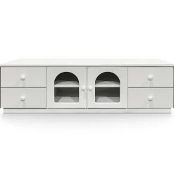 3S. x Home Meuble tv avec portes et tiroirs style naturel chic Volos Blanc texturé Discount