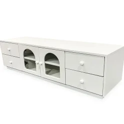 3S. x Home Meuble tv avec portes et tiroirs style naturel chic Volos Blanc texturé Discount