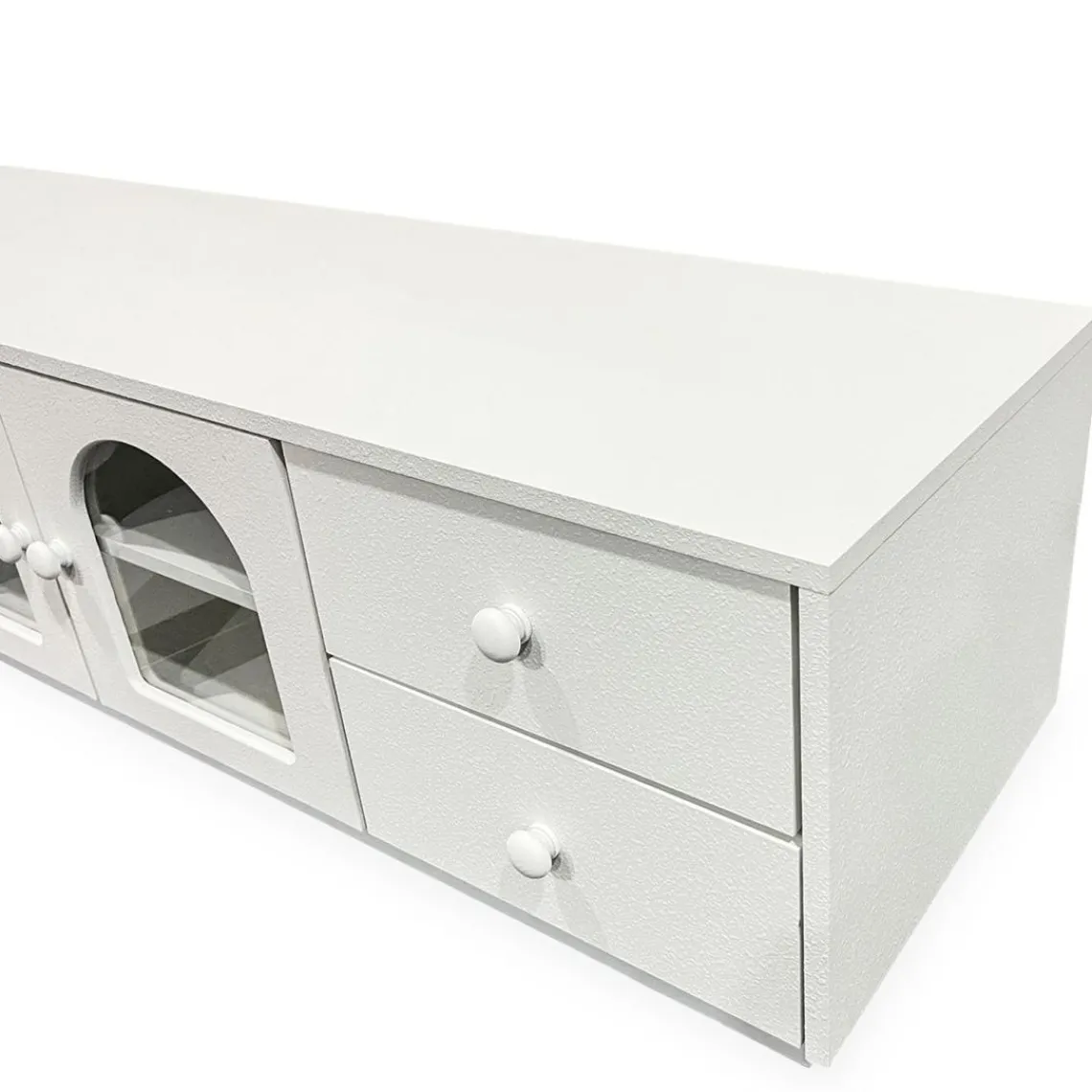 3S. x Home Meuble tv avec portes et tiroirs style naturel chic Volos Blanc texturé Discount