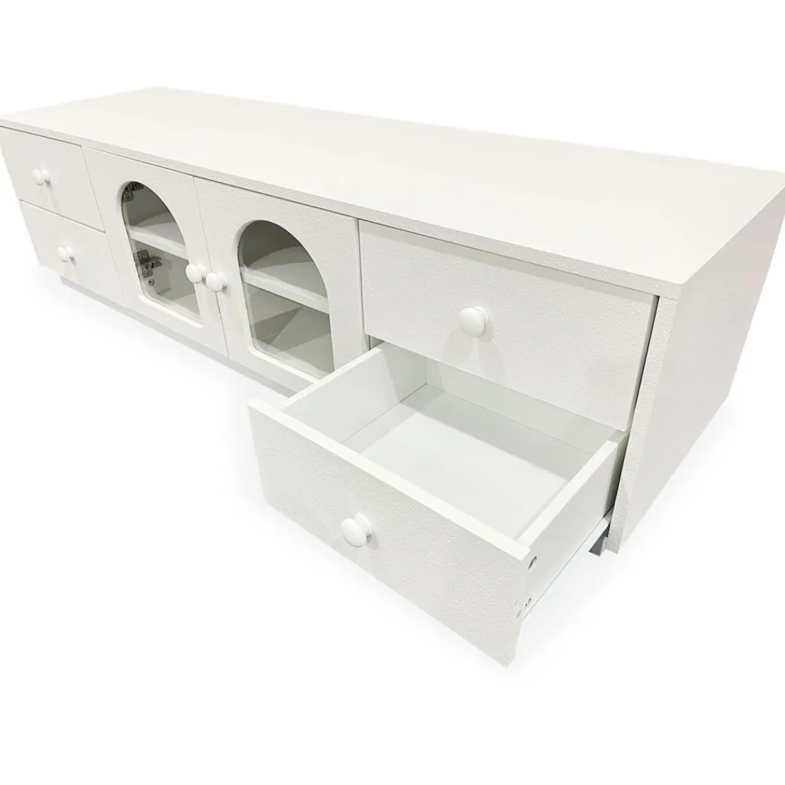 3S. x Home Meuble tv avec portes et tiroirs style naturel chic Volos Blanc texturé Discount
