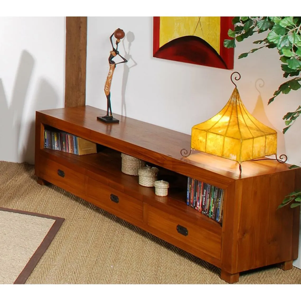 Macabane Meuble TV Bas AYAN 3 Tiroirs Bois Teck Discount