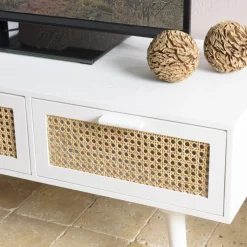 Macabane Meuble TV blanc 3 tiroirs cannage naturel