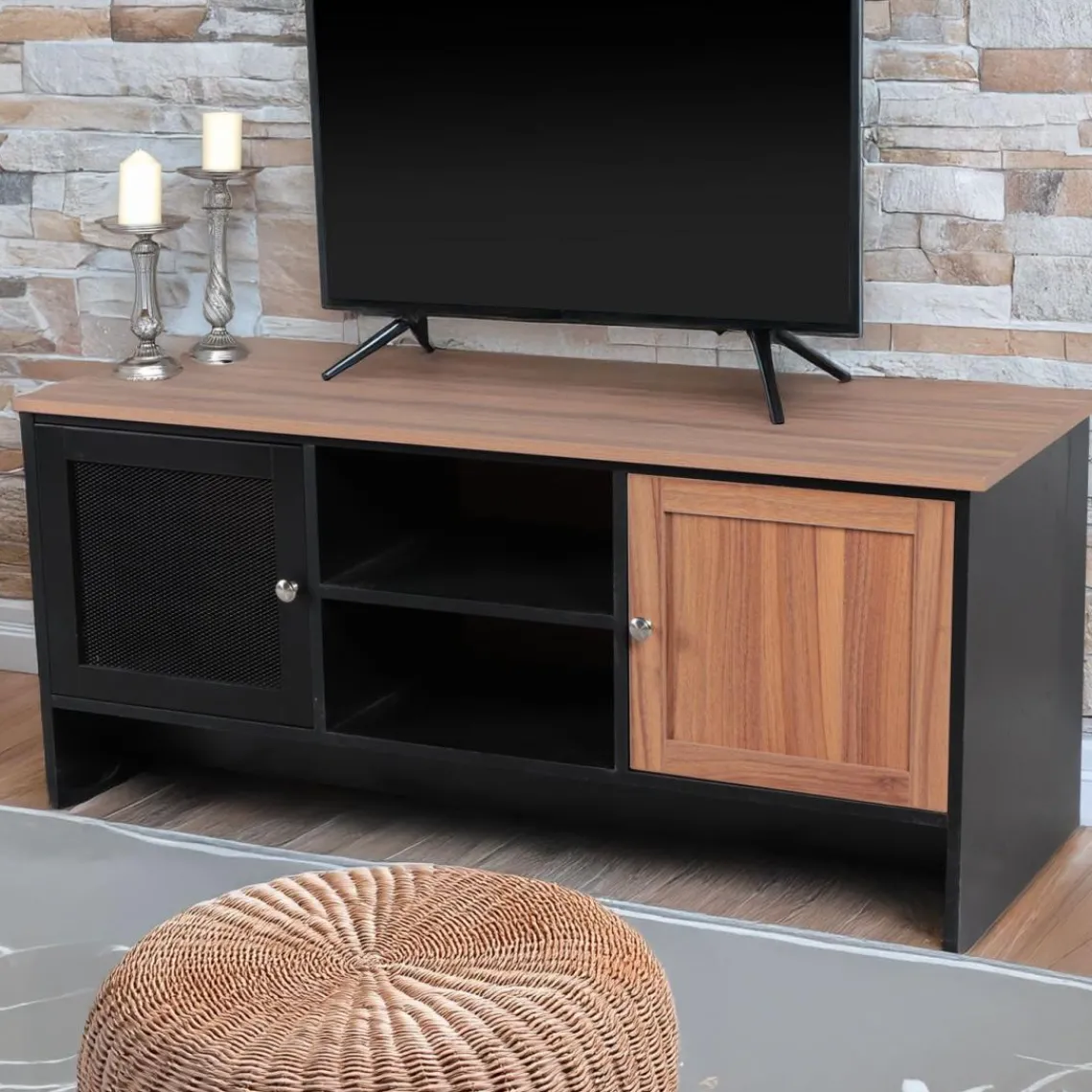 3S. x Home Meuble TV contemporain 2 portes Franck Bois et Noir Clearance