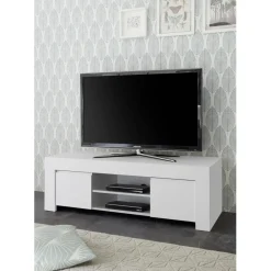 3S. x Home Meuble TV deux portes en bois FIRENZE blanc opaque Best