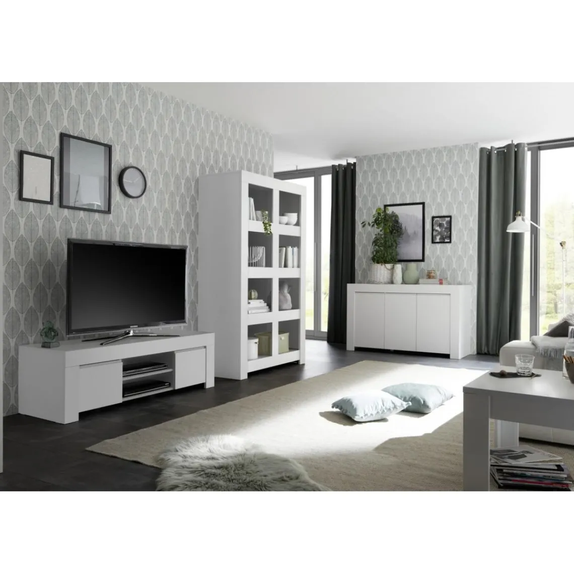 3S. x Home Meuble TV deux portes en bois FIRENZE blanc opaque Best